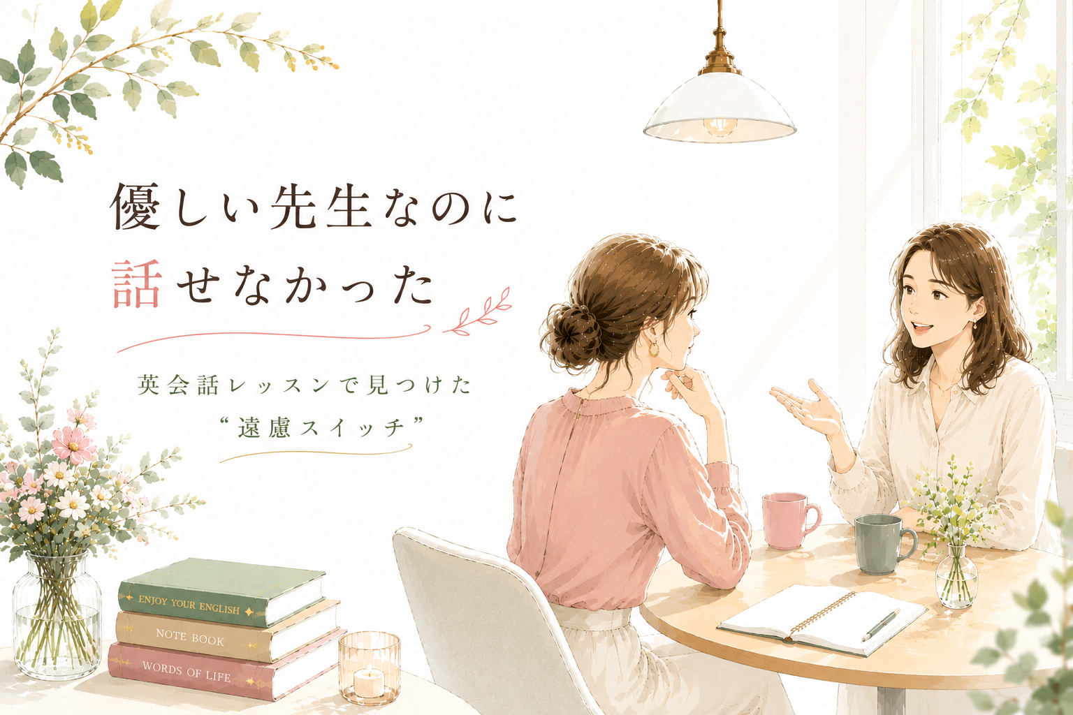 明るい窓辺のテーブルで向かい合って会話をする二人の女性を描いた、ナチュラル風の水彩イラスト。ベージュ、くすみピンク、セージグリーンを基調とした優しい色合いで、植物や本が飾られた落ち着いた空間に「優しい先生なのに話せなかった｜英会話レッスンで見つけた“遠慮スイッチ”」というタイトルが添えられている。