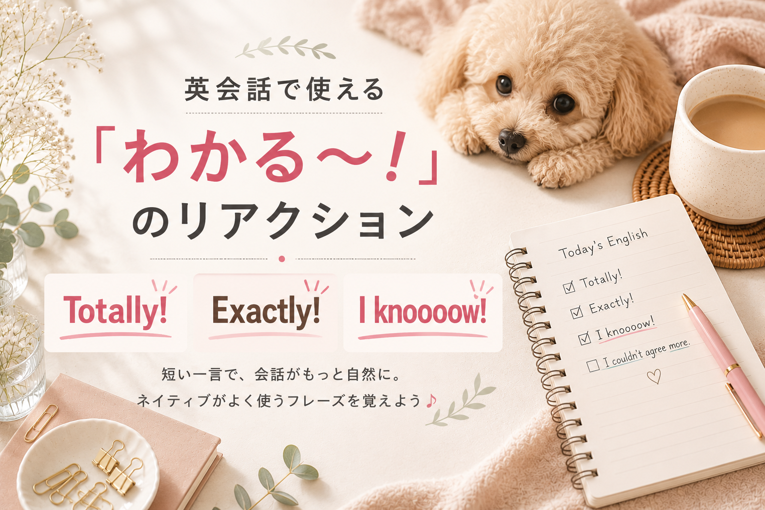 ふわふわの犬がくつろぐ優しい雰囲気のデスク風景。コーヒーや英語のメモ帳とともに、「英会話で使える『わかる〜!』のリアクション」というタイトルと、「Totally!」「Exactly!」「I knooooow!」のフレーズが描かれたアイキャッチ画像。