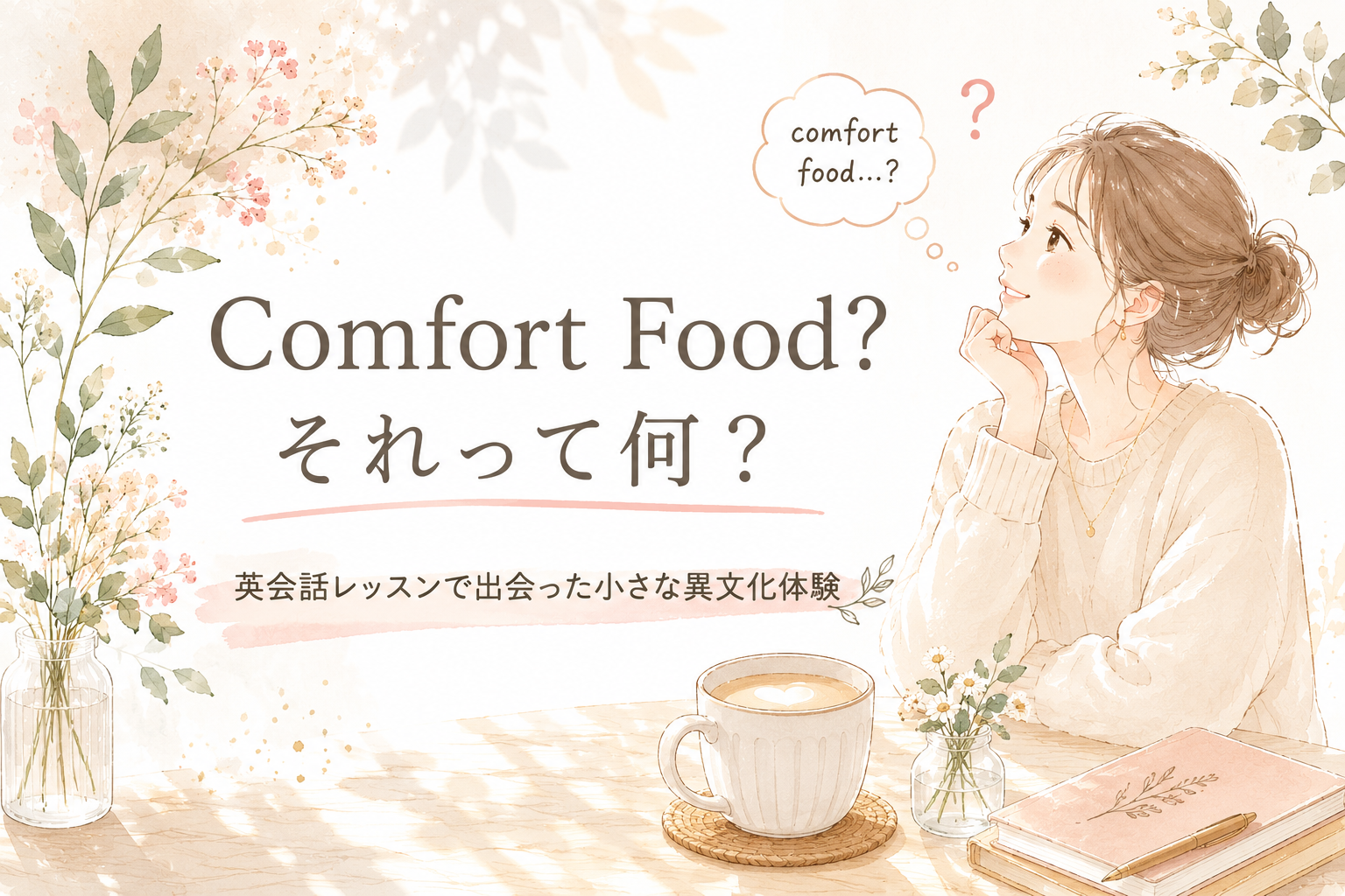 「Comfort Food？それって何？」というタイトルとともに、温かい飲み物を前に異文化への好奇心を抱く女性を描いた北欧モダン風のイラスト。